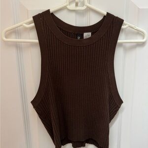 Divided Brown Ribbed Crop Muscle Tee
